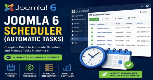 Joomla 6 Scheduler dashboard showing scheduled tasks, automatic task execution, cron job integration, and website automation.