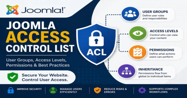 Joomla Access Control List dashboard showing User Groups, Access Levels, and Permissions