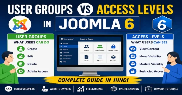User Groups vs Access Levels in Joomla 6 comparison diagram showing permissions and content visibility.