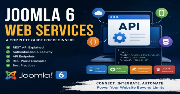 Illustration of Joomla 6 Web Services showing REST API integration, authentication, API endpoints, and communication between Joomla and external applications.