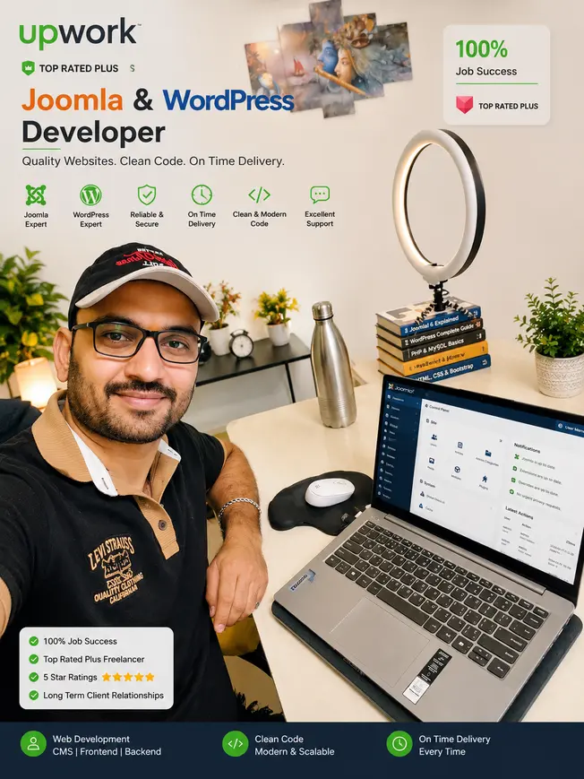 Professional Joomla and WordPress developer working from a modern home office, specializing in custom website development, CMS solutions, and freelance web development services.